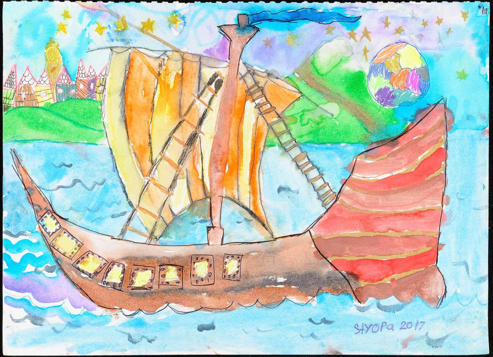 A watercolor painting of a whimsical ship with patchwork sails on a calm sea, with colorful houses and mountains in the background.