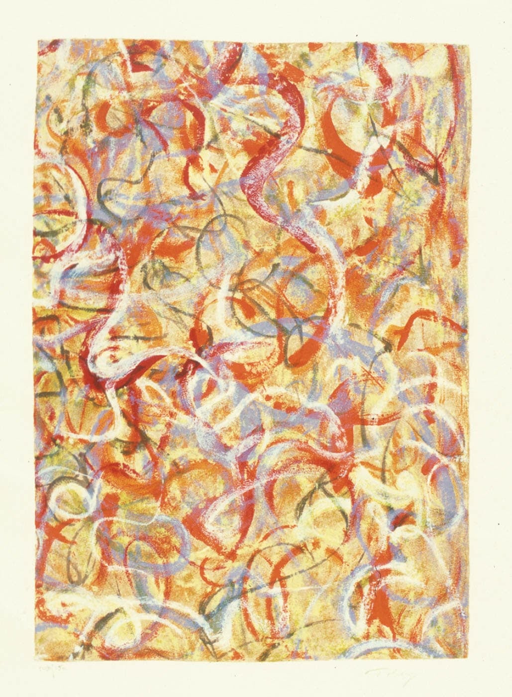 An abstract painting with vibrant red, orange, and yellow swirls intertwined with blue and purple lines.