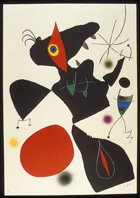 Surrealist artwork by Joan Miró, featuring abstract shapes and bright colors including red, blue, and yellow, against a white background.