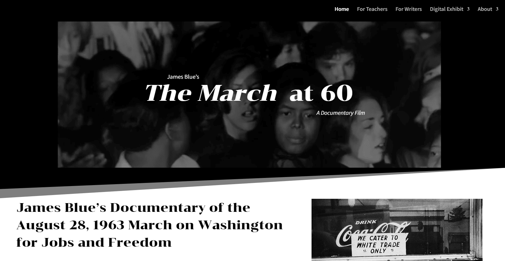 Screen capture of a website with the title The March at 60. There is a black and white photograph of a closeup of a crowd of people dressed in styles of the 1960s.