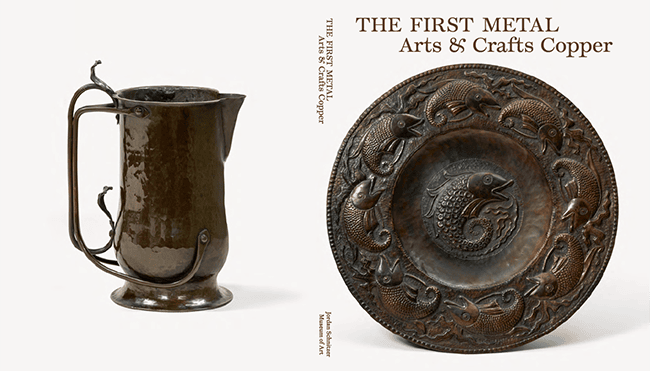 A book cover shows an ornate copper plate bordered in etched fish and a decorative copper pitcher. They are worn with age.