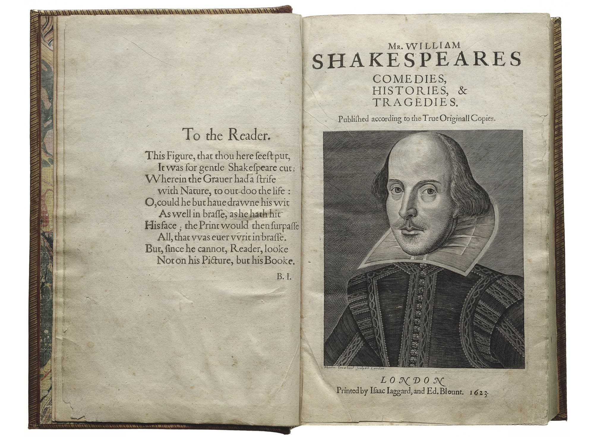 Title page of Mr. William Shakespeare's Comedies, Histories, & Tragedies with an engraving of Shakespeare.