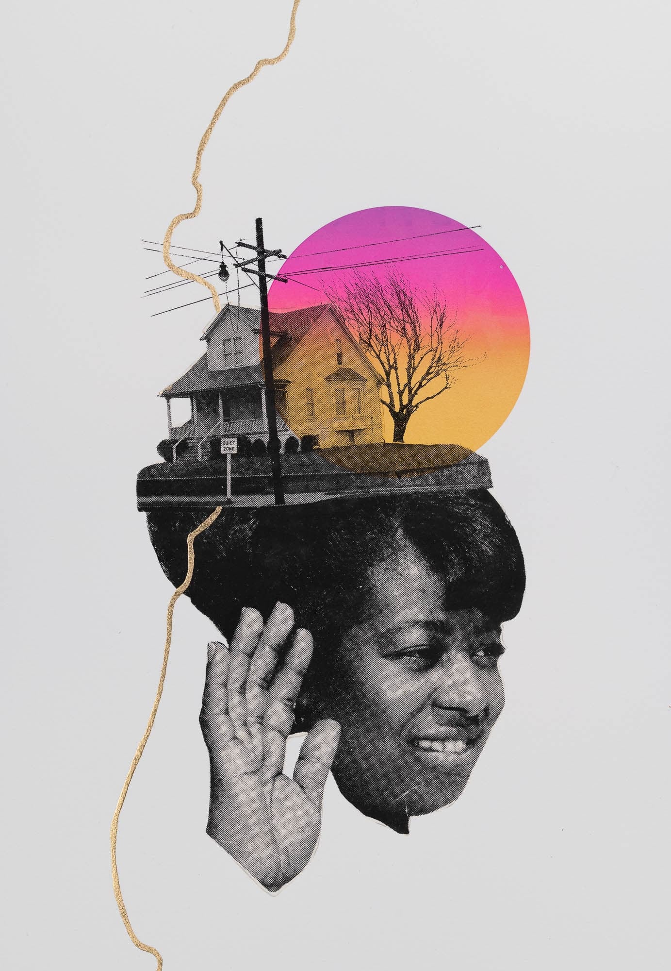 Collage artwork featuring the head of a woman with a house and sunset colors integrated into her head, suggesting thoughts or memories, with a crack-like golden line running through the image.