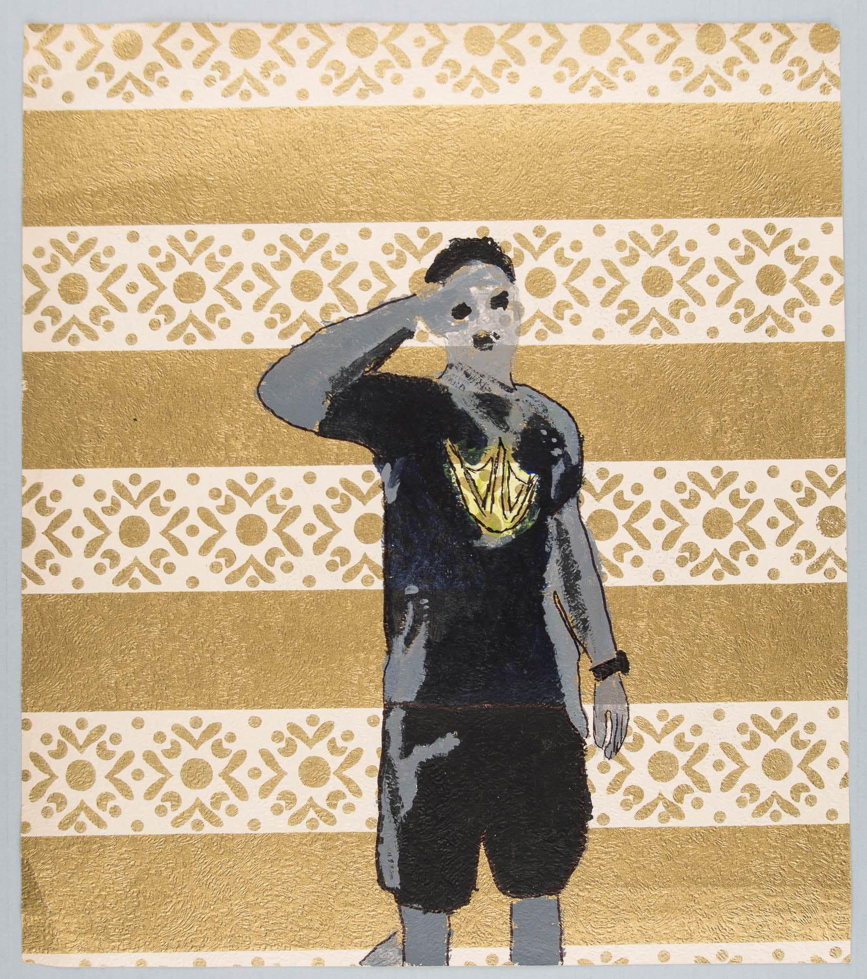 Artwork depicting a figure saluting, wearing a black shirt with a gold logo and standing against a background of gold and white stripes with a floral pattern.