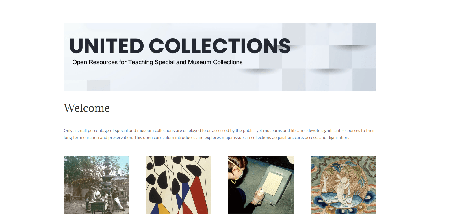 Screen capture of a website with the text "United Collections" prominent. There are a series of square photos showing different scenes and artwork