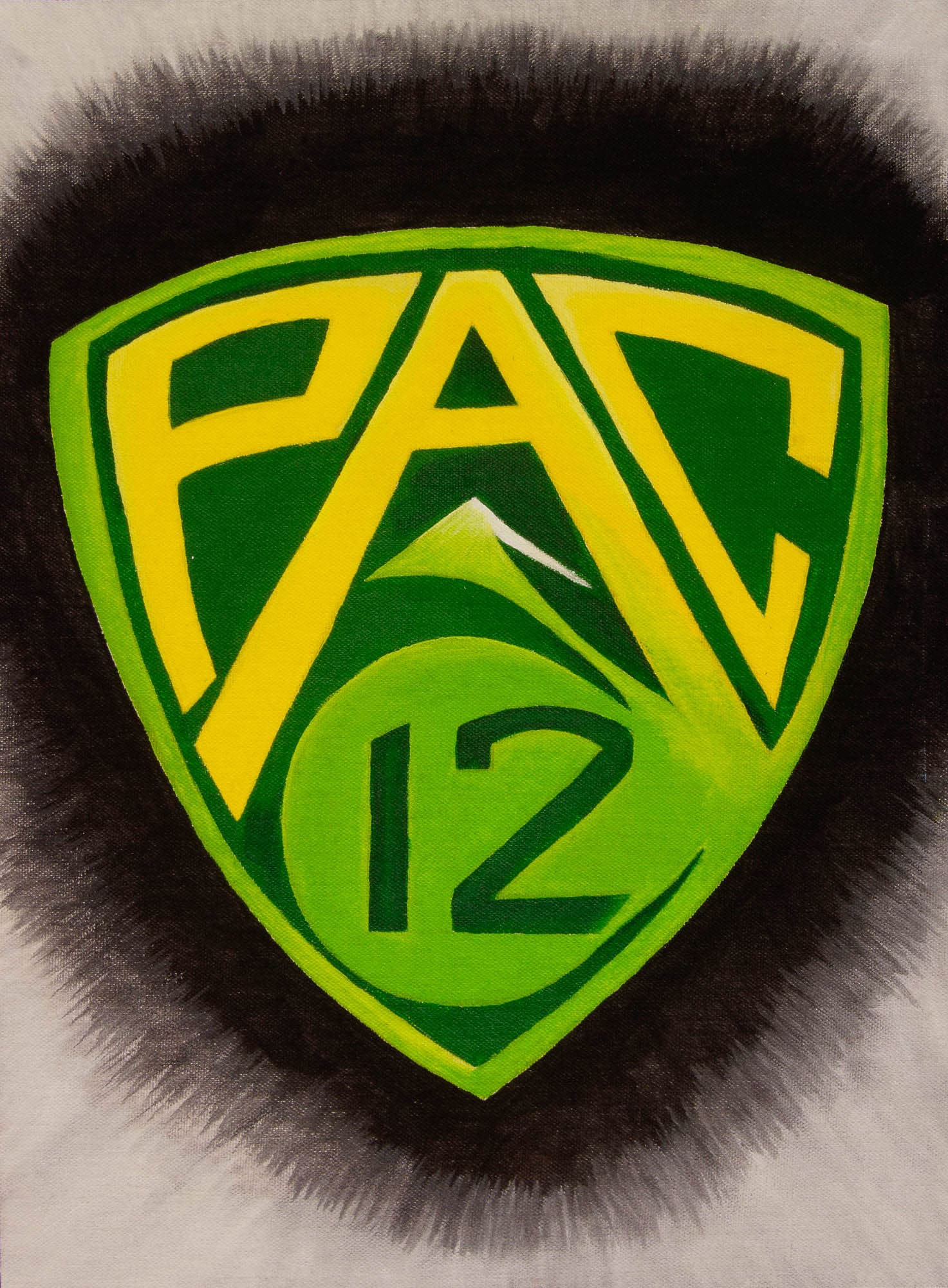 An illustration of the PAC-12 logo in green and yellow with a stylized mountain and the number 12, set against a black and white gradient background.