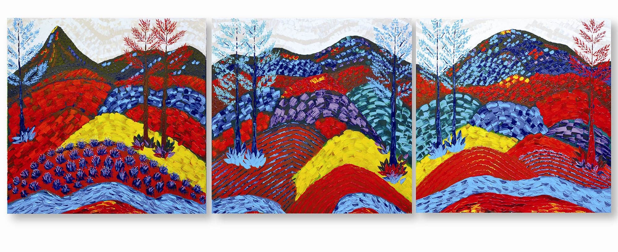 A triptych painting of a vividly colored landscape with rolling hills, trees, and a variety of textured patterns in red, blue, yellow, and green hues.