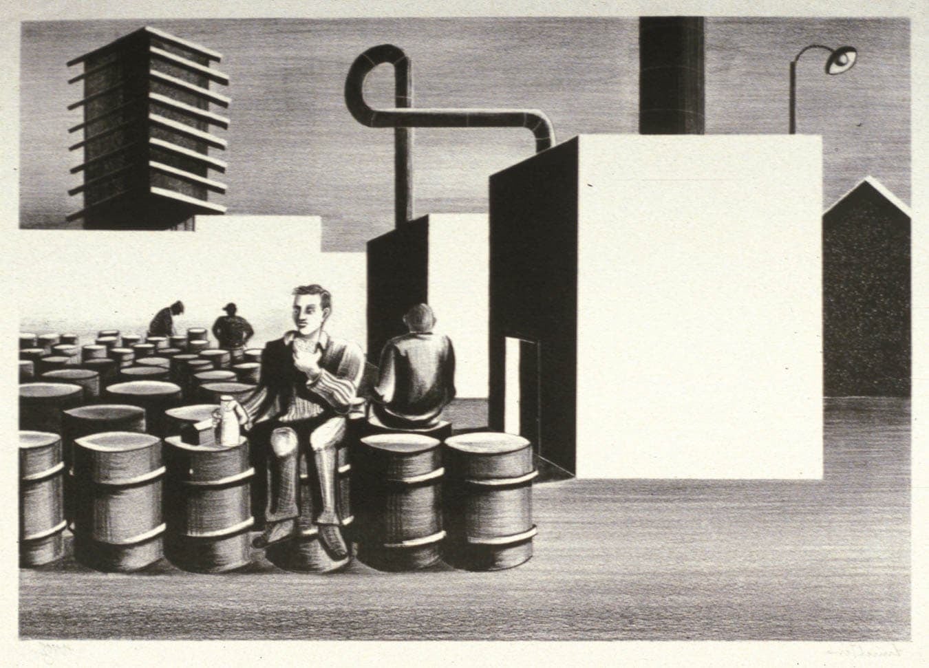 A lithograph depicting an industrial scene with three men sitting on barrels, a tall building in the background, and various industrial structures.