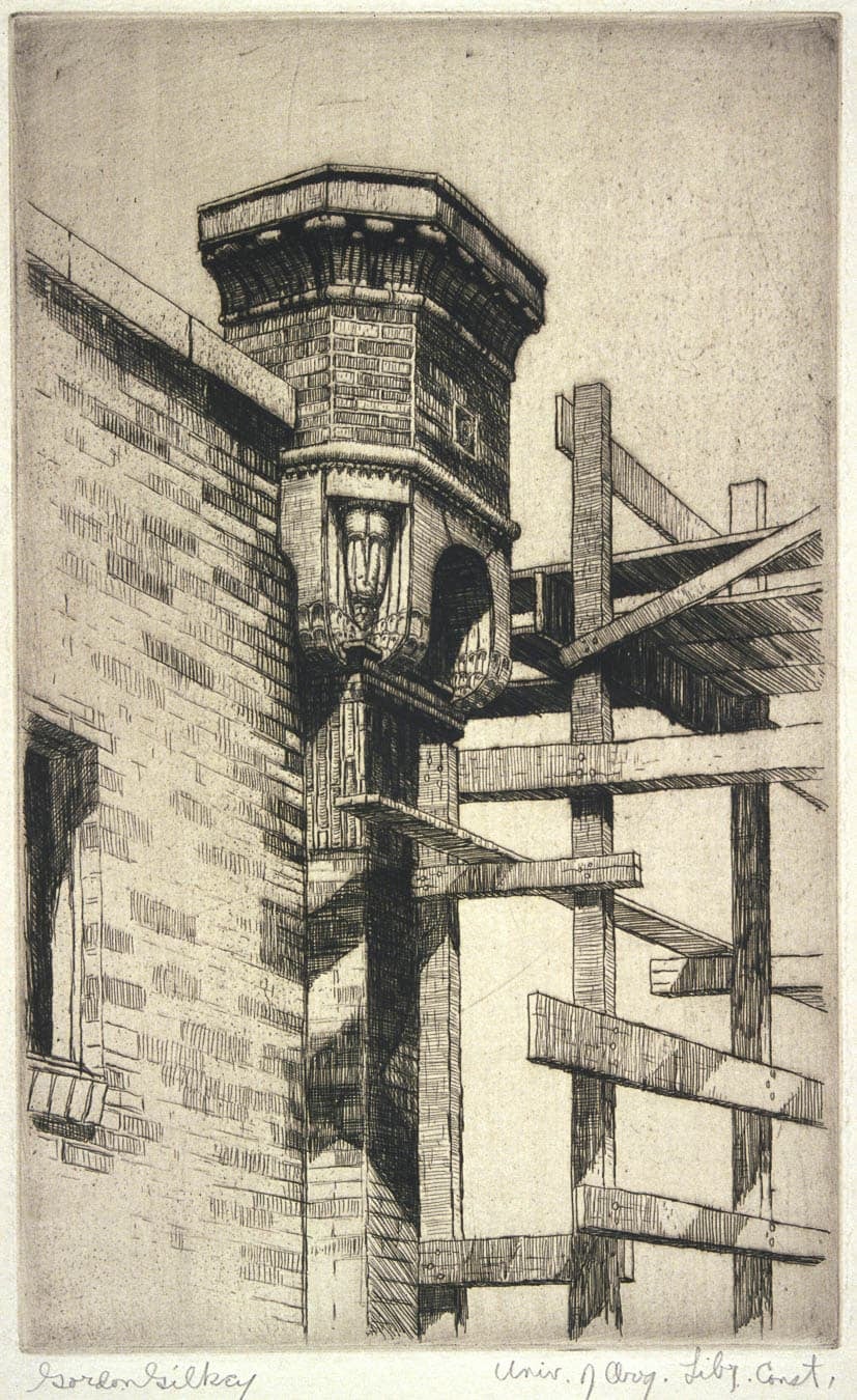 An etching of a stone building with a small balcony supported by ornate brackets, surrounded by scaffolding and wooden beams.