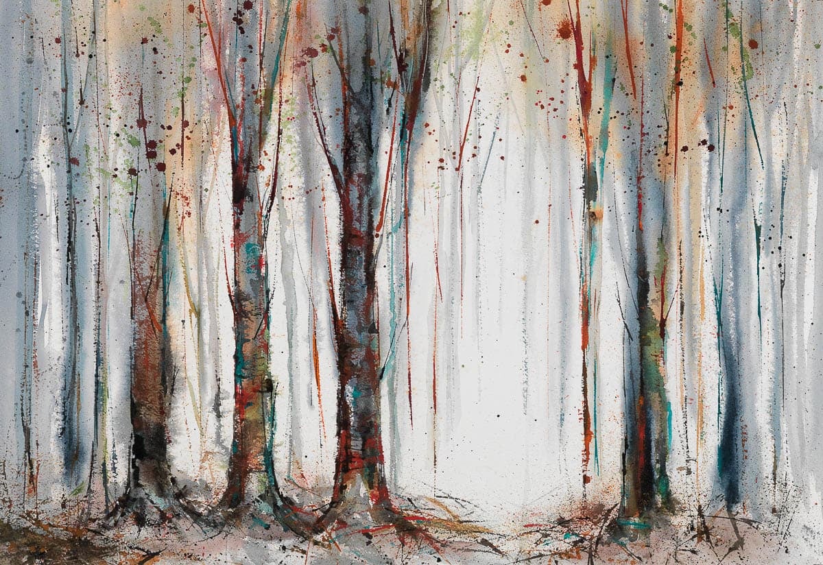 A watercolor painting of a forest with tall, slender trees, featuring abstract patterns and splatters of various colors.