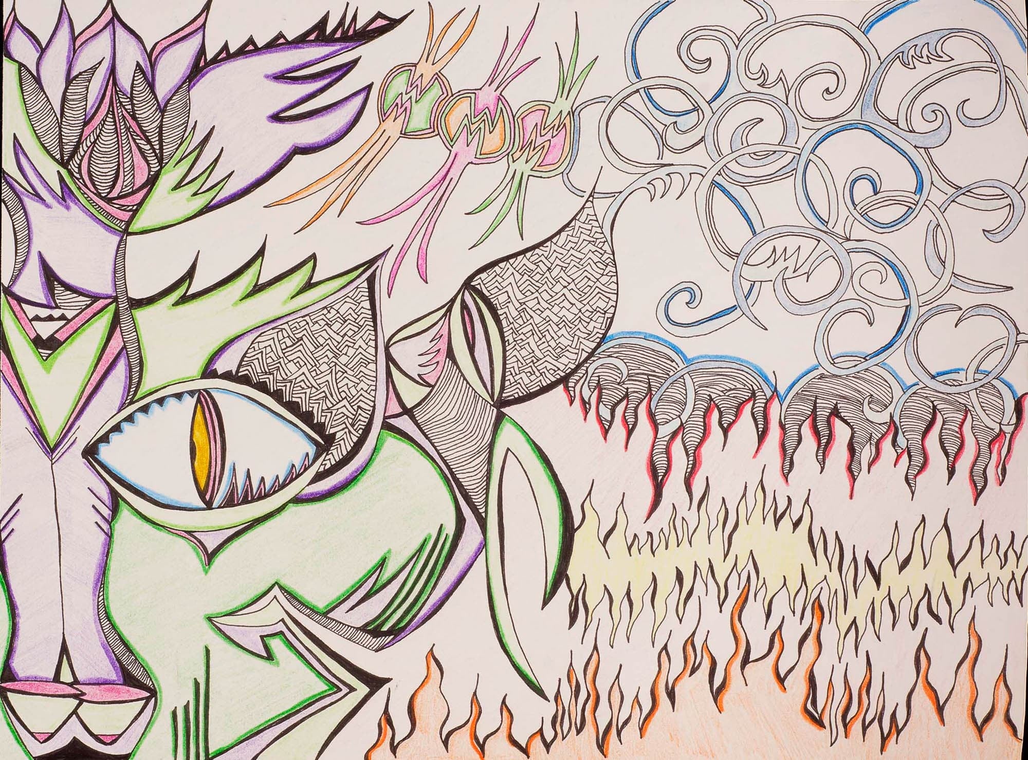 An abstract drawing with intricate patterns and shapes, featuring a large eye and stylized plant forms in vibrant colors, set against a background of swirling lines and flame-like elements.