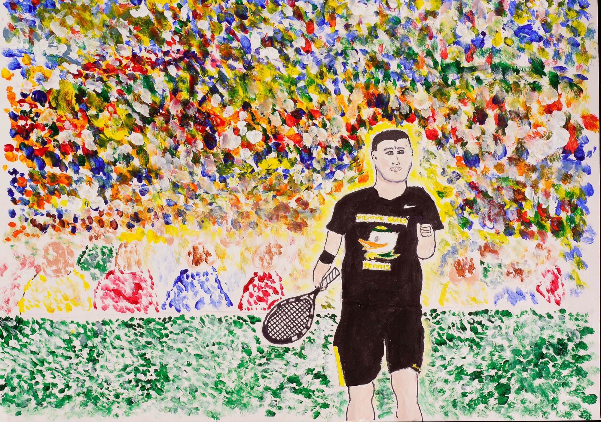 A vibrant painting of a young man in a tennis outfit holding a racket, with an abstract, colorful background of multicolored dots, resembling a cheering crowd.