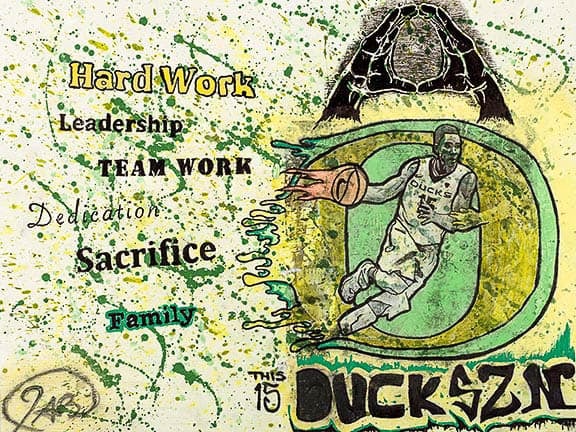  A mixed-media artwork featuring a basketball player in an Oregon Ducks uniform, surrounded by motivational words like "Hard Work," "Leadership," and "Sacrifice," with vibrant splashes of color in the background.