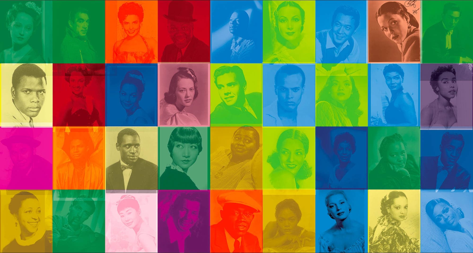 A grid of colorful squares, each containing a black and white portrait of an African American actor, arranged in a vibrant, pop-art style mosaic.