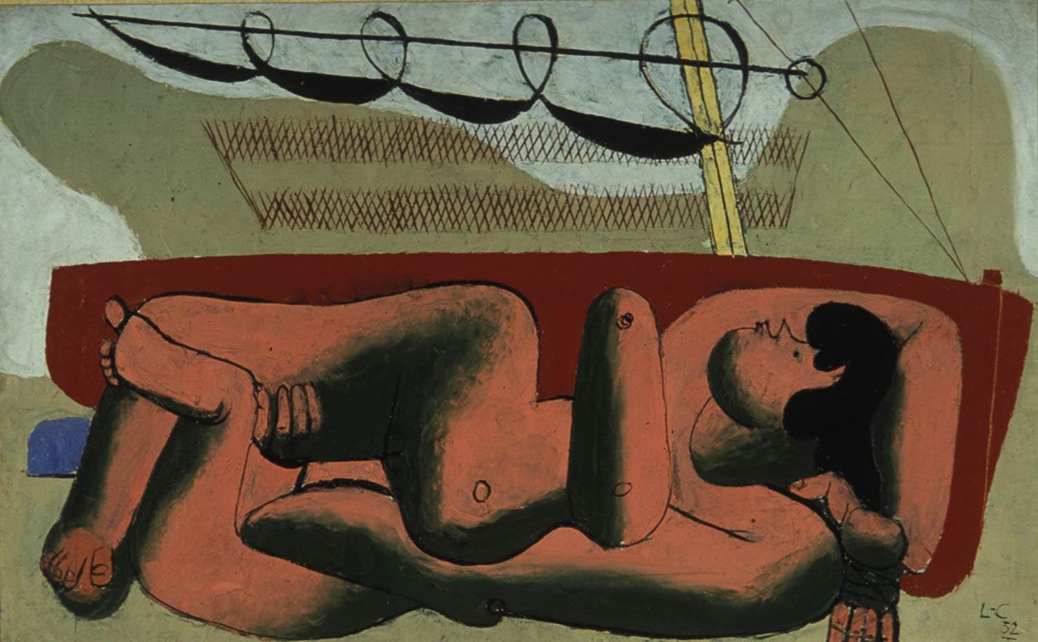 A painting by Le Corbusier of a reclining nude woman on a beach with abstract shapes and muted colors in the background.