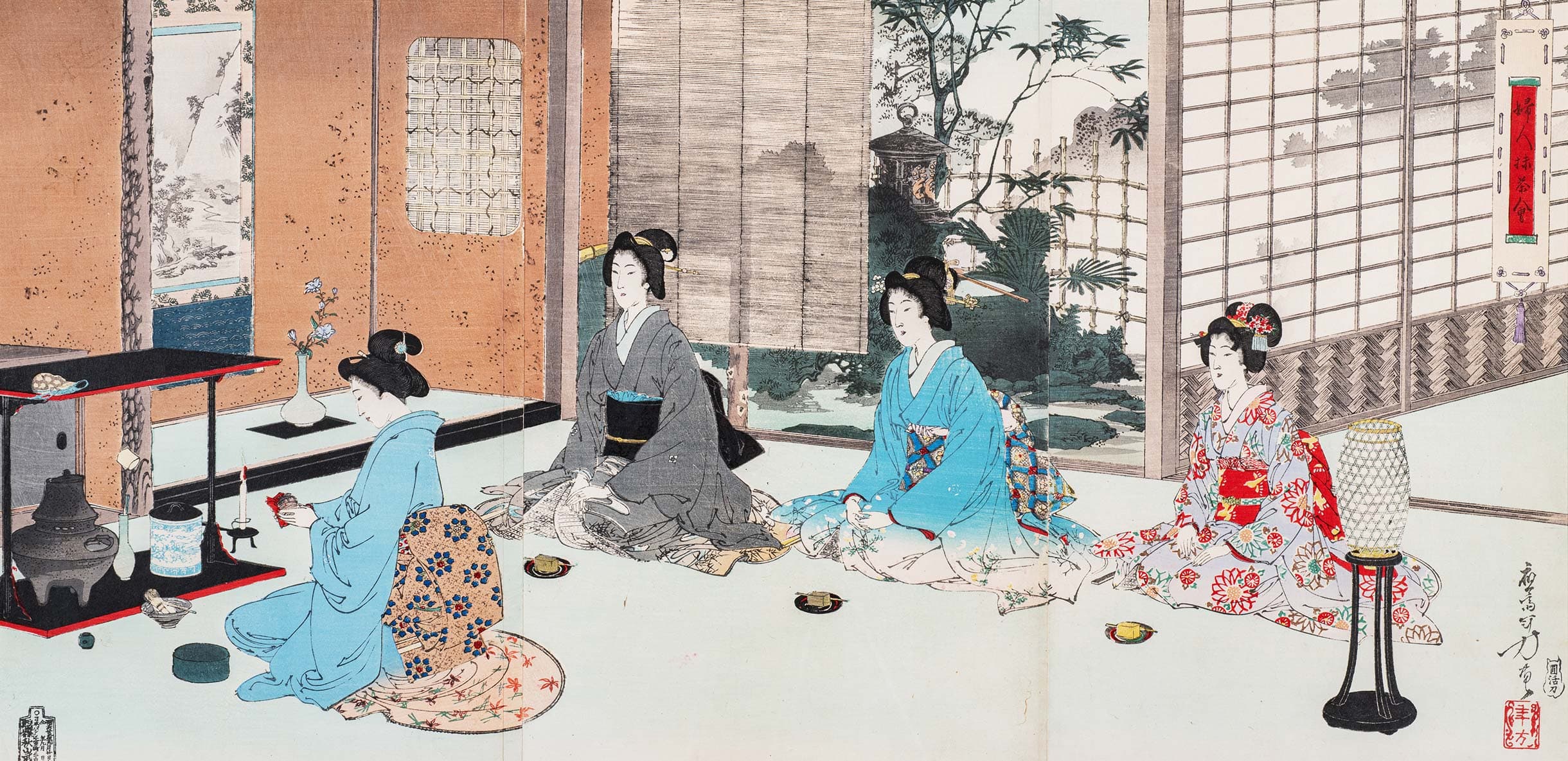 Japanese print of several women in traditional Japanese dress engaged in a tea ceremony. 