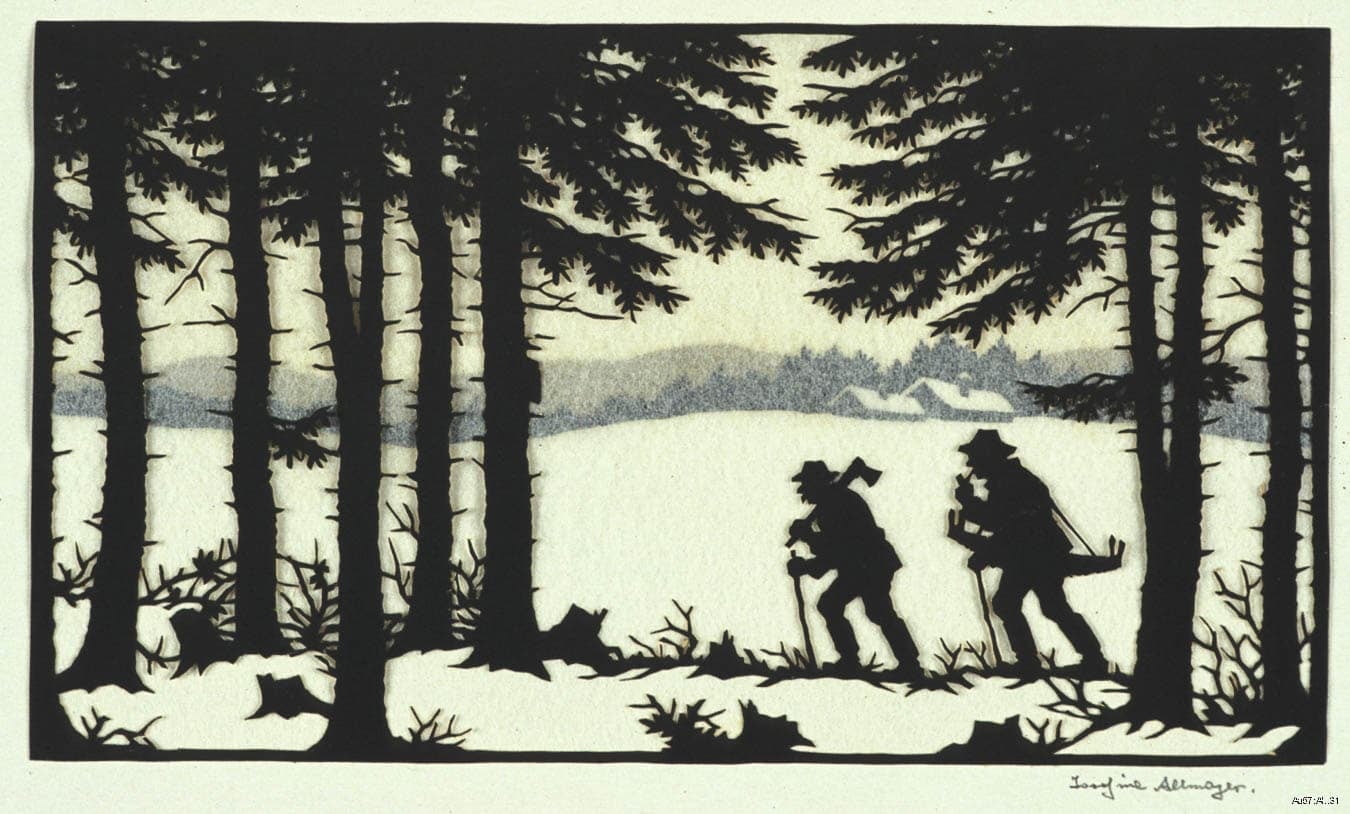 A black and white silhouette artwork showing two figures carrying axes, walking through a forest with tall trees and a snow-covered ground.