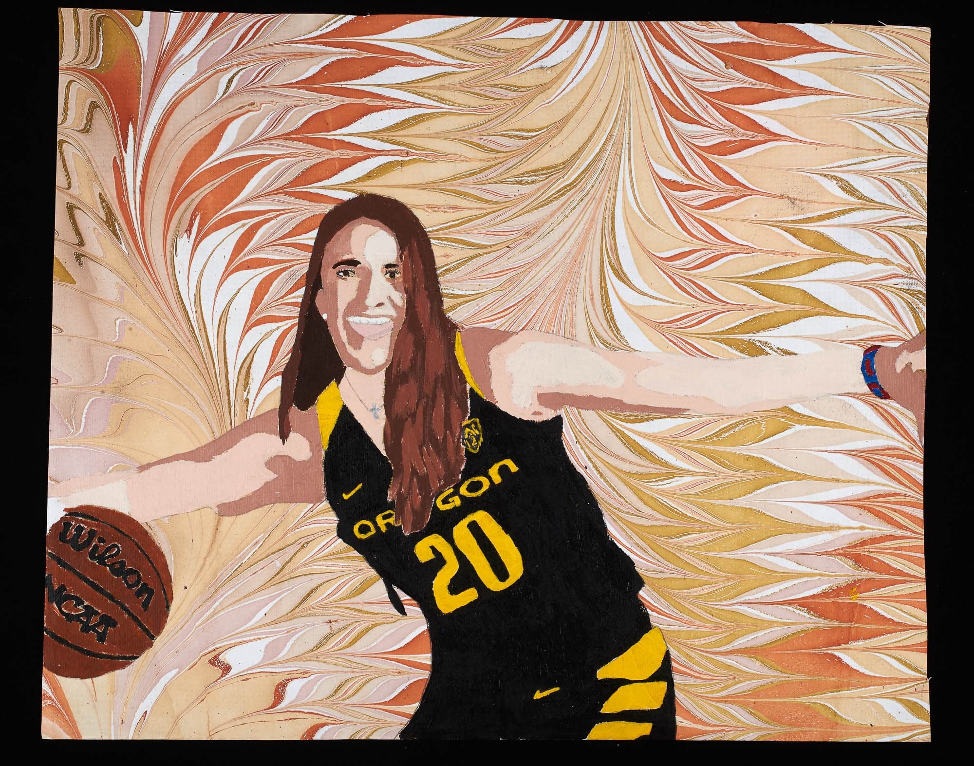 Painting of a woman in an Oregon basketball jersey holding a basketball