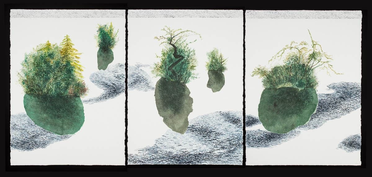 A triptych of floating islands with various green foliage, set against a white background with textured blue waves.