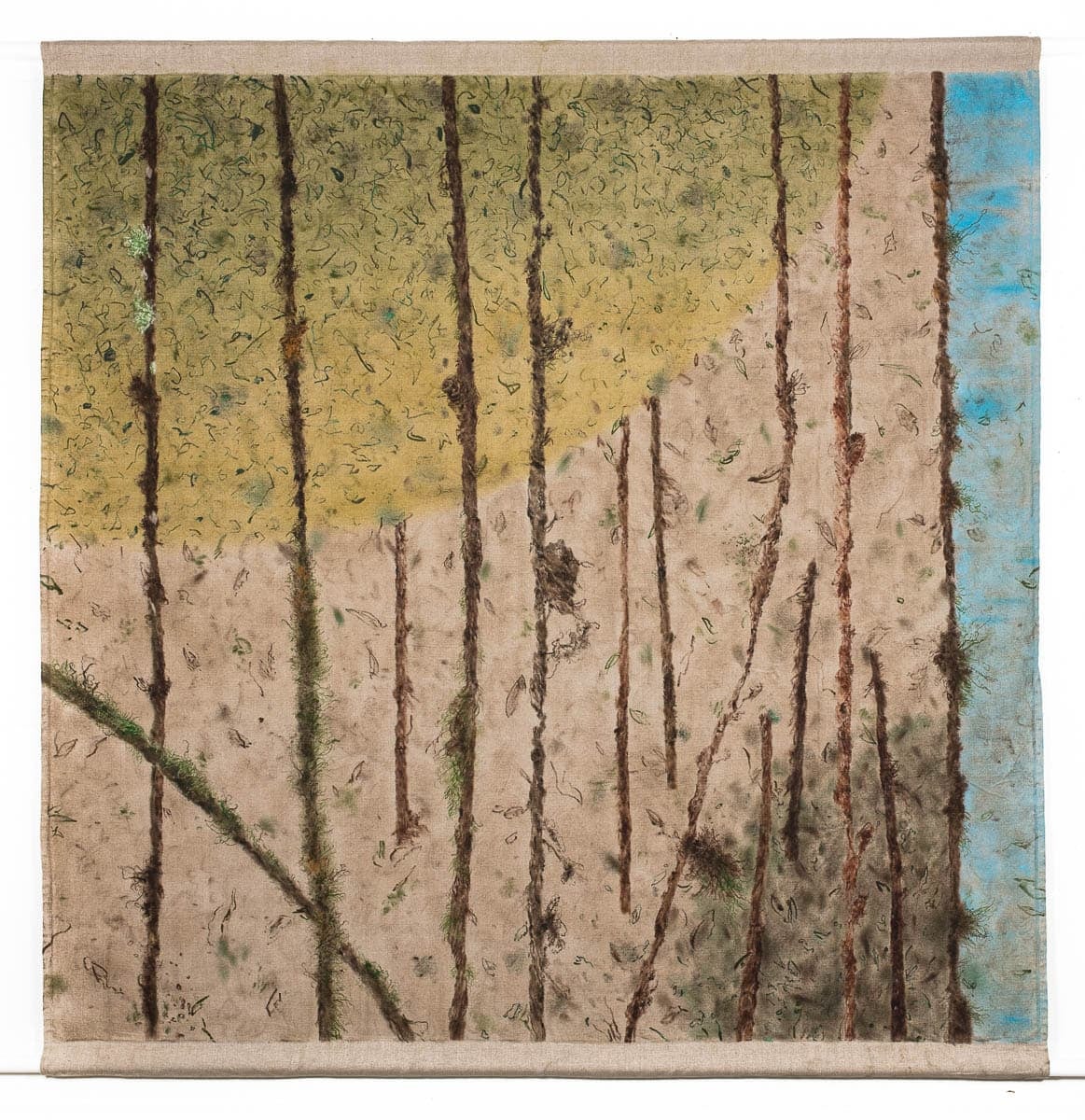 A painting with vertical lines representing trees, set against a beige and green background with a hint of blue sky.