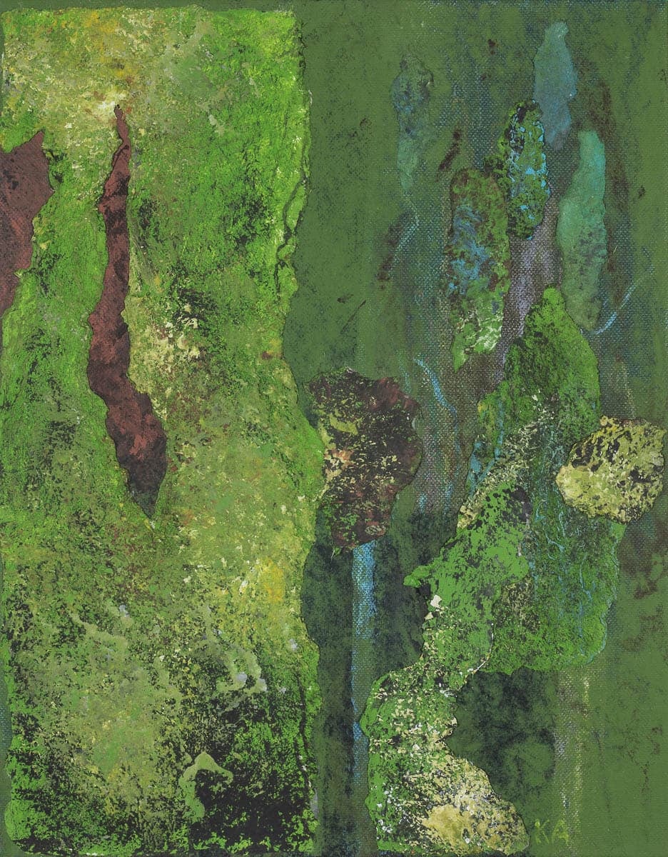An abstract painting with textured green and brown vertical elements on a green background.