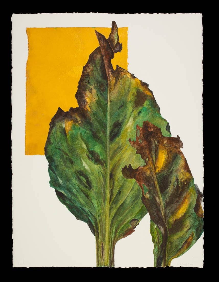 A painting depicting two large green leaves with a yellow square in the background.