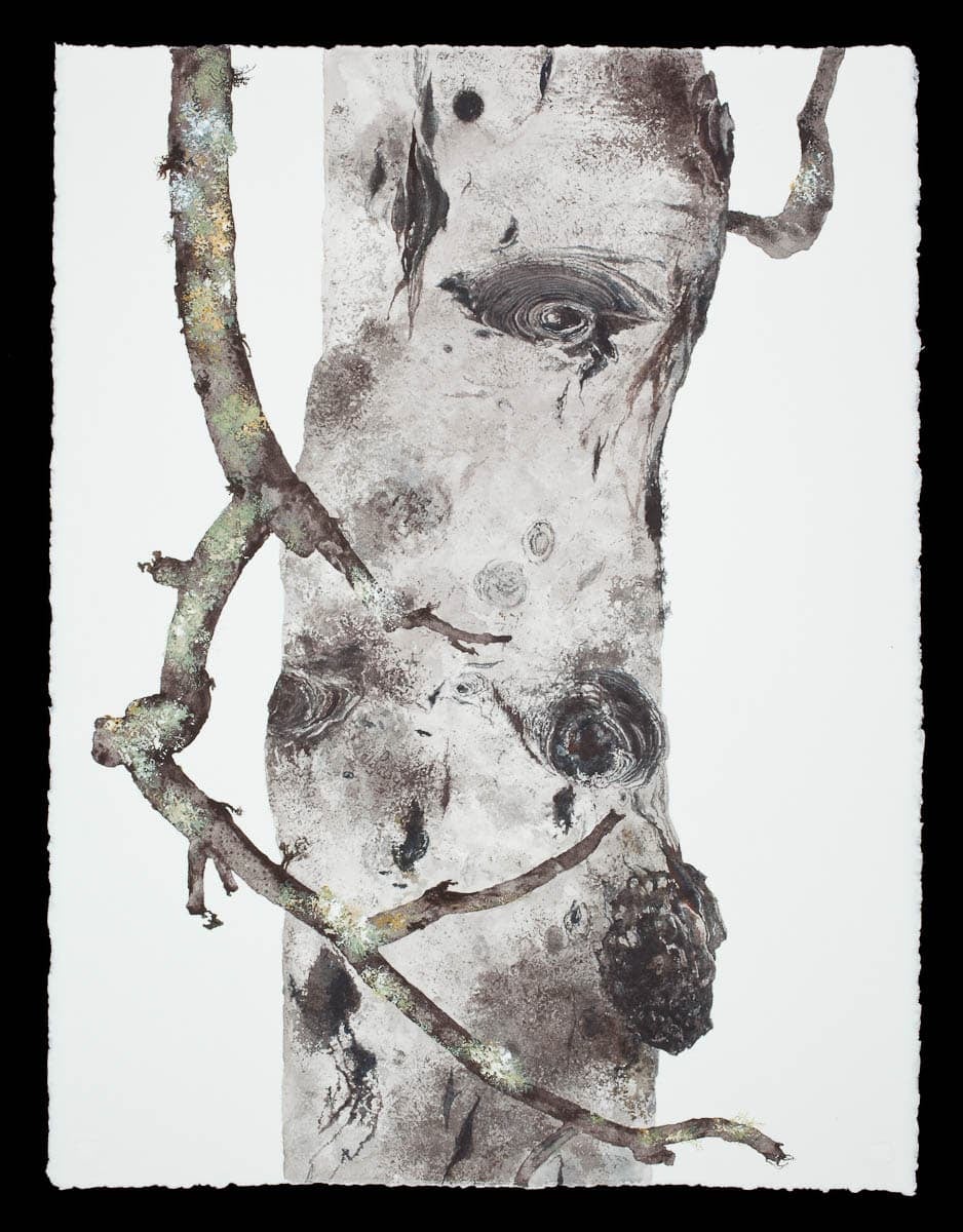 A close-up painting of a tree trunk with a twisted branch, showing detailed bark texture and knots.