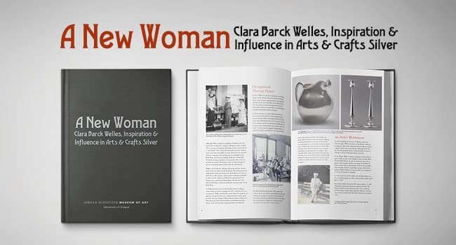 A black textured book cover bears Art Deco text stating the title. The view inside the book shows an array of images of silver artifacts and historical images of people and places.