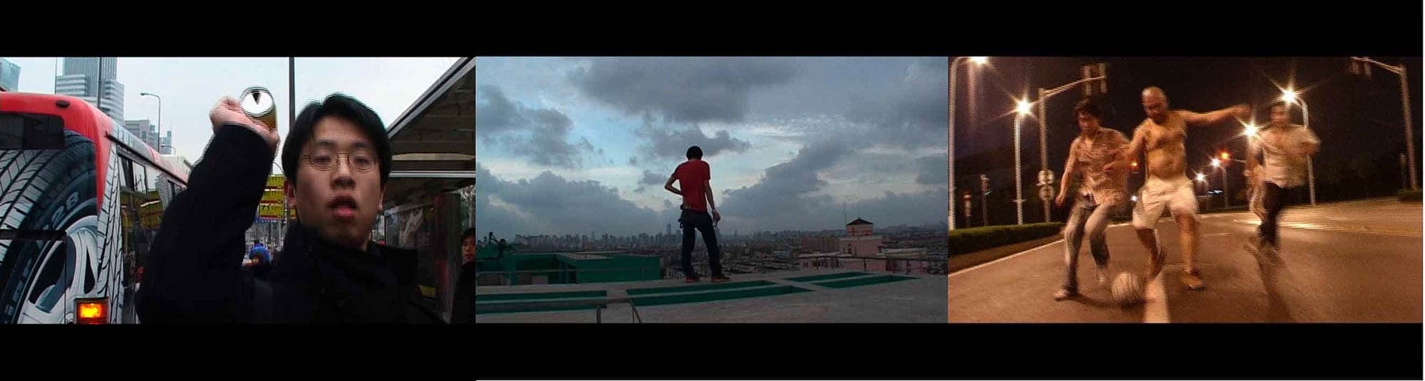 Triptych of photos: Left - a person holding a shiny object, standing near a bus. Middle - a person looking at a cityscape under a cloudy sky. Right - a group of people playing soccer on a street at night.