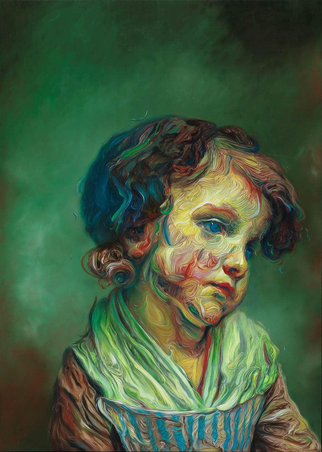 Oil painting of a young child with wavy hair, depicted in a colorful, swirling style against a green background.