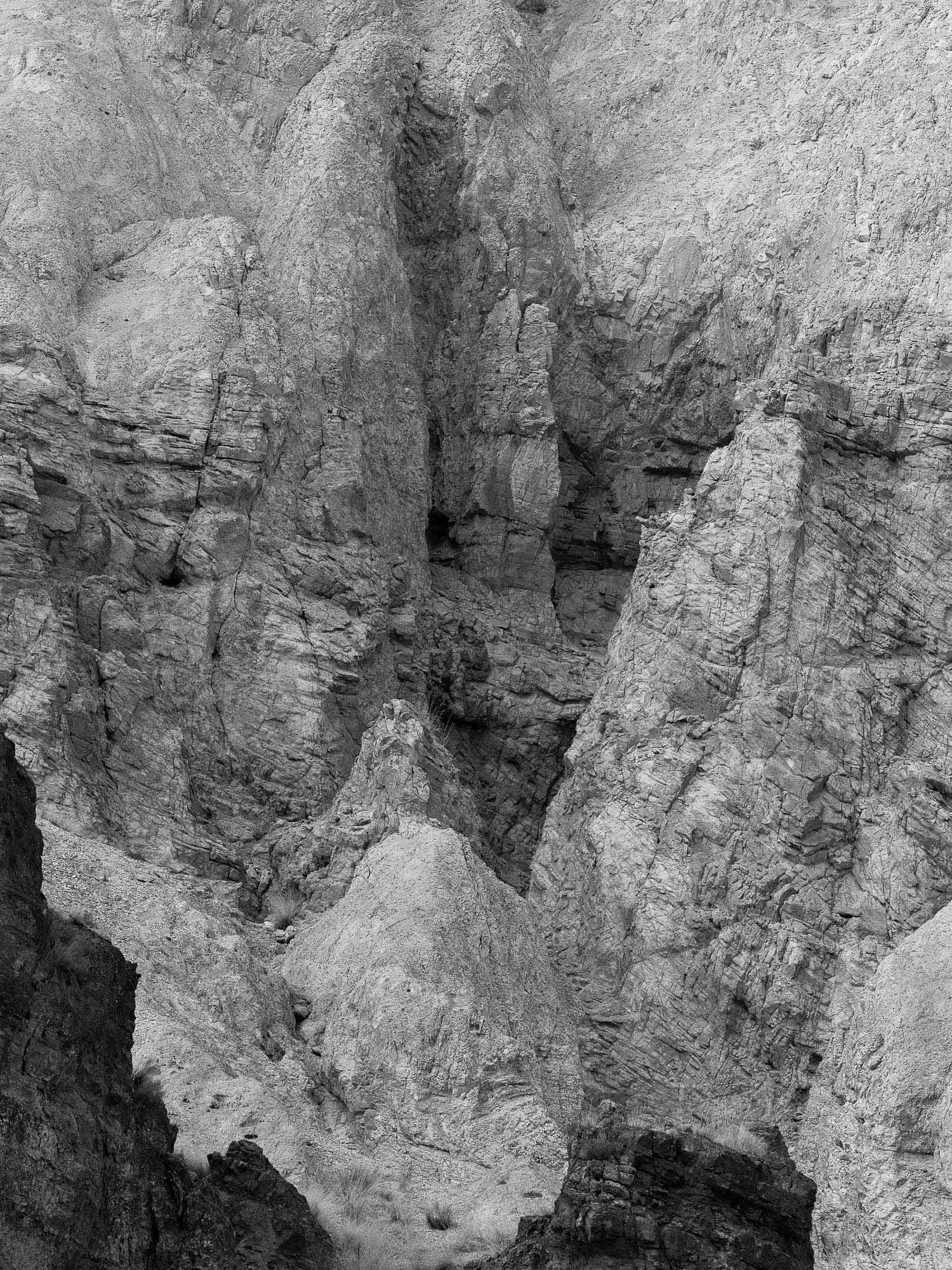Black and white photograph of a rocky cliffside with intricate textures and shadows.