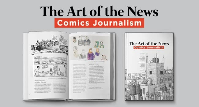 Art of the News book A book is open to show comic panels by different artists