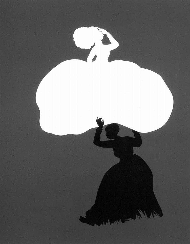 A silhouette of a woman in a large dress supported by another woman beneath her.