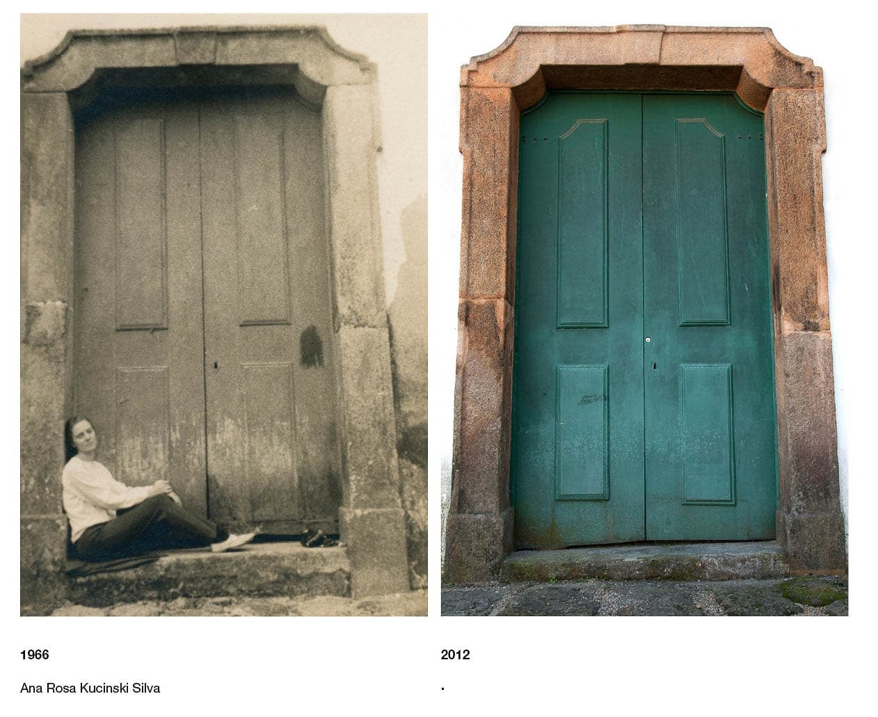 A diptych showing an old black and white photo of a woman by a door in 1966 and the same door in color in 2012.