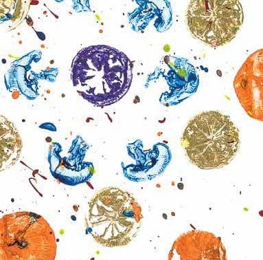 A vibrant, abstract pattern with impressions of various fruits and vegetables in blue, orange, and green on a white background.