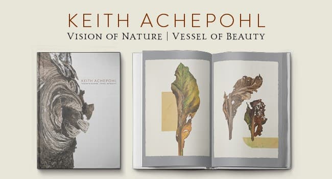 The book cover shows the texture of a tree knot with pieces of bark protruding irregularly. The inside view of the book shows detailed and realistic paintings of single leaves.