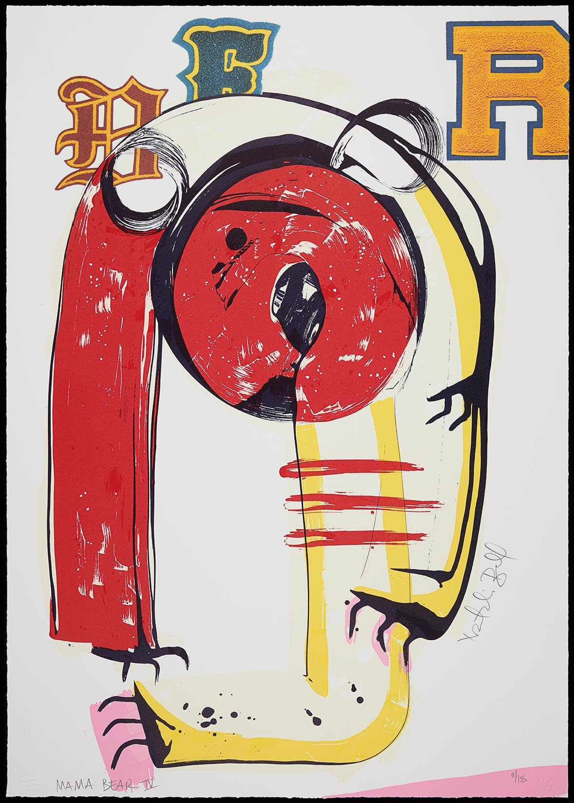 Abstract painting of a bear in red, yellow, and black, with the letters D, E or F, and R stylized like sports team logos at the top