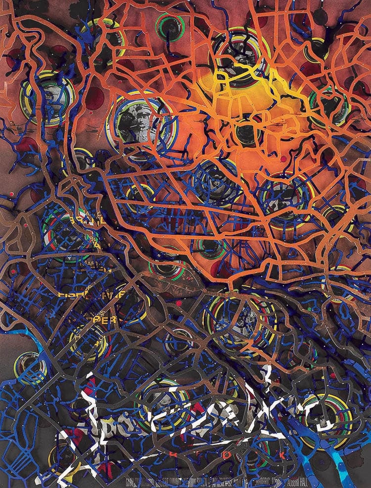 Small, circular photographs spread out over a red and black surface, overlaid with several layers of uneven, intricate blue, red, and brown grid lines