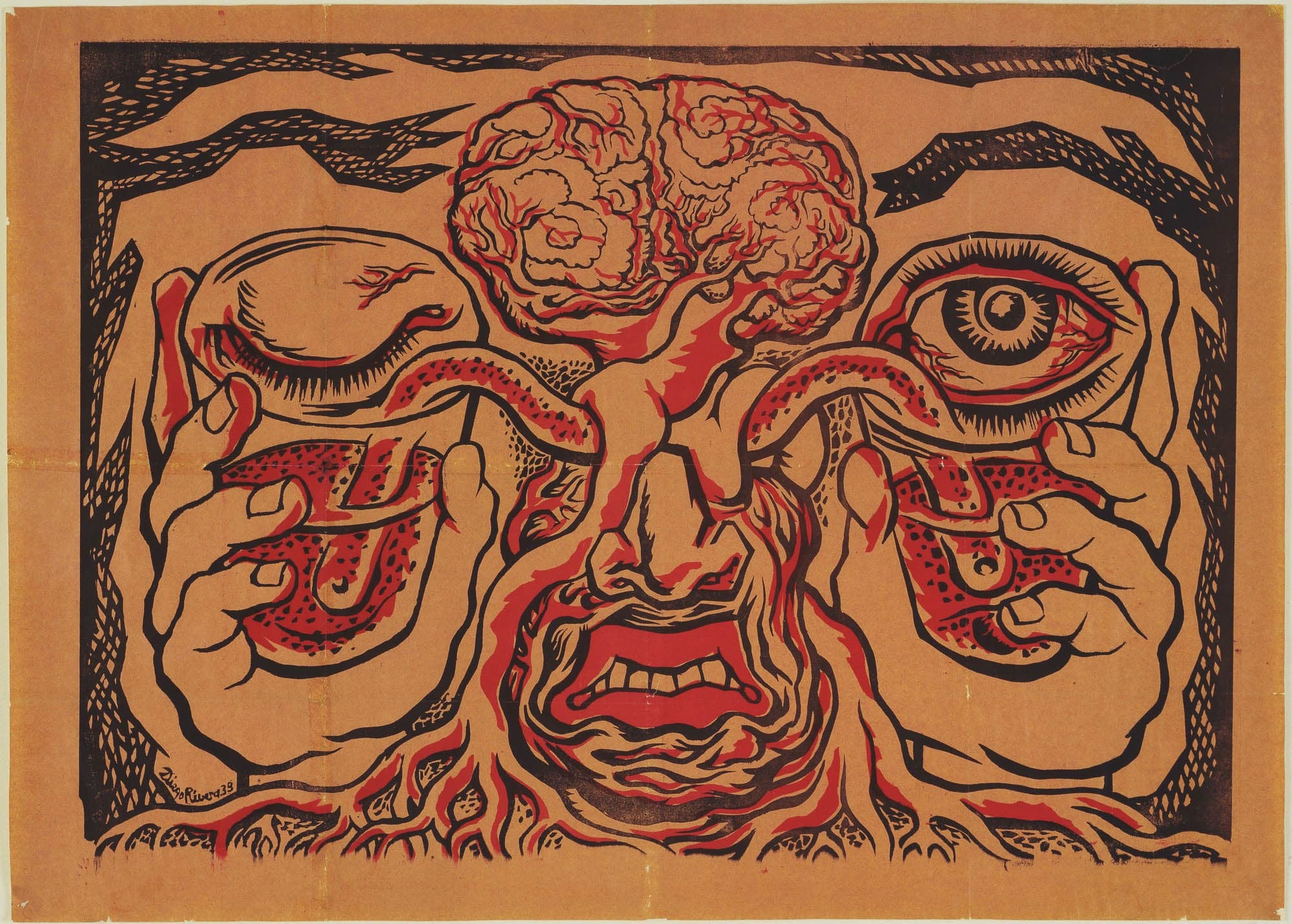 Red and black linocut of a face on a light brown background. The brain is visible on the forehead with tentacle-like nerves heading to each eye, circling the nose and mouth, then continuing down the neck