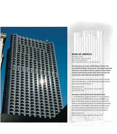 Photograph of a gray building with black windows that is at least 31 storeys high. Text to the right of the photograph appears to be a museum label, but other than “BANK OF AMERICA,” the words are out of focus.