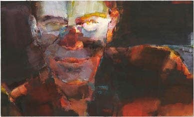 Painting of a person’s head and shoulders in shades of white, yellow, orange, and brown