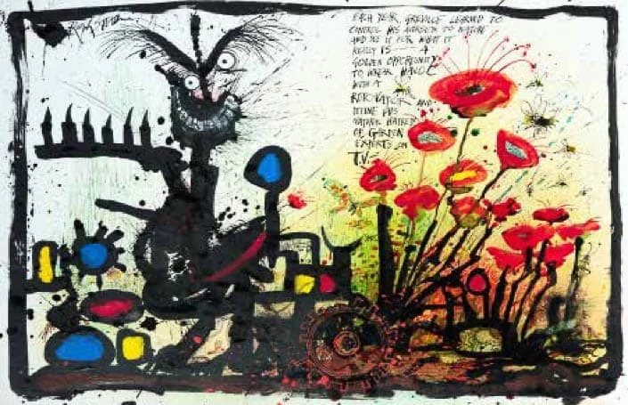 A vibrant and chaotic illustration by Ralph Steadman featuring a monstrous figure amidst flowers and abstract elements.
