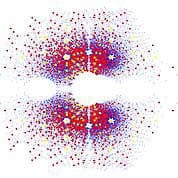 Data visualization image with clusters of small colored dots and lines, creating a symmetrical, intricate pattern.
