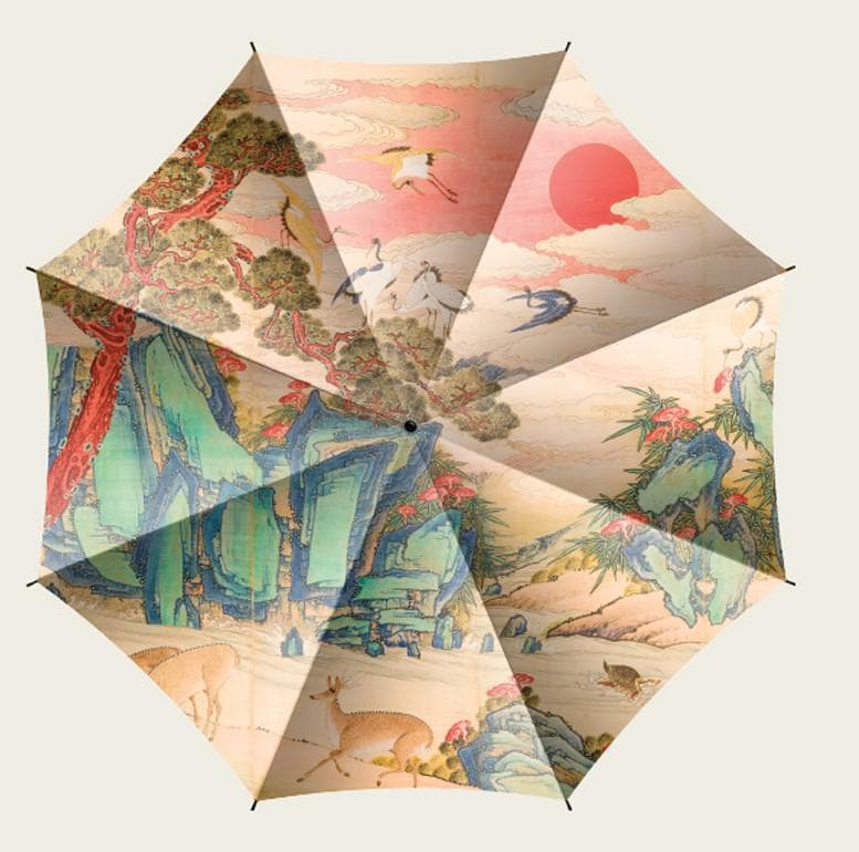 Ten Symbols of Longevity Umbrella An open umbrella shows a Chinese art landscape scene with deer and cranes and a setting sun