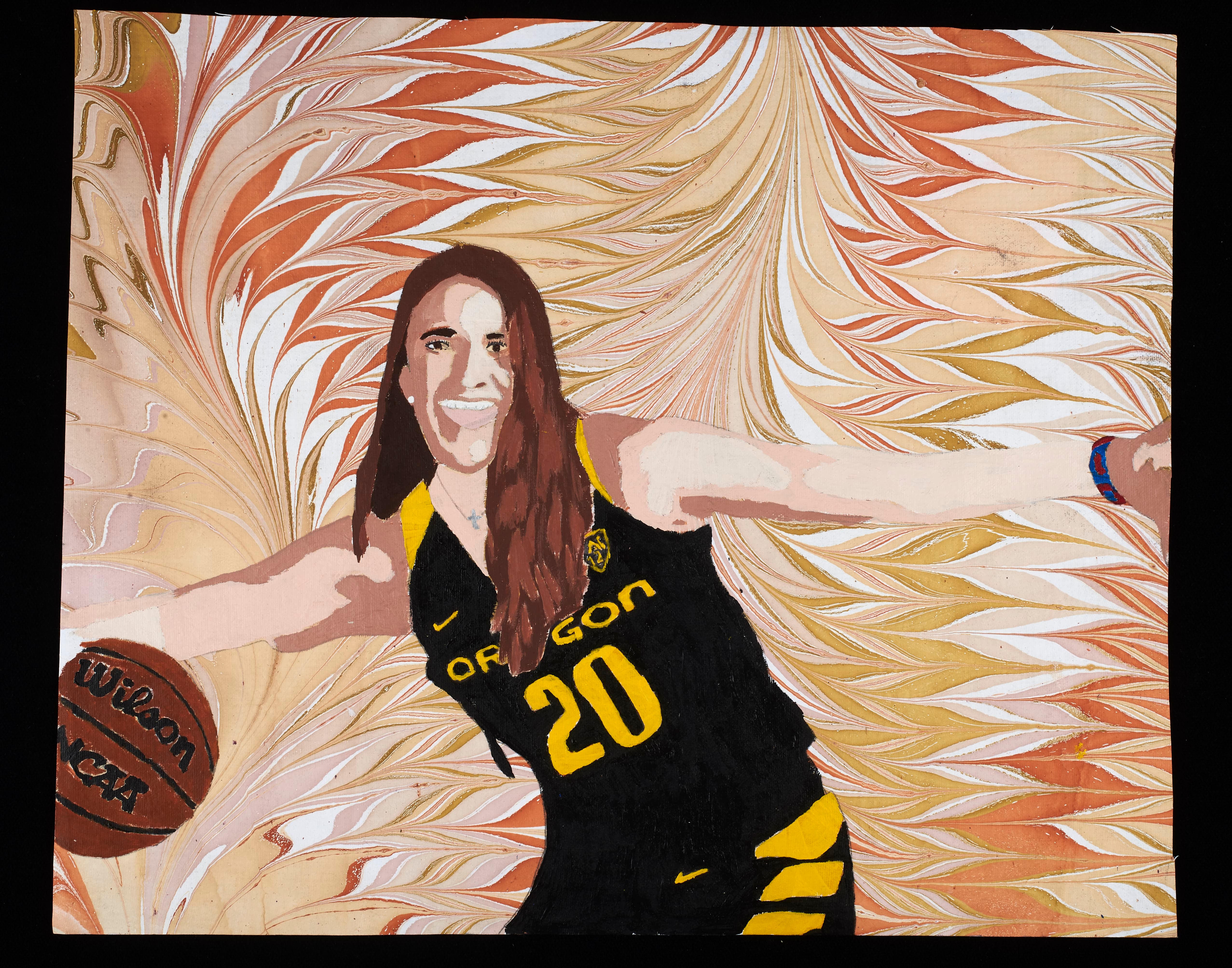 Painting of a female basketball player on an abstract background with the number 20 on a black jersey