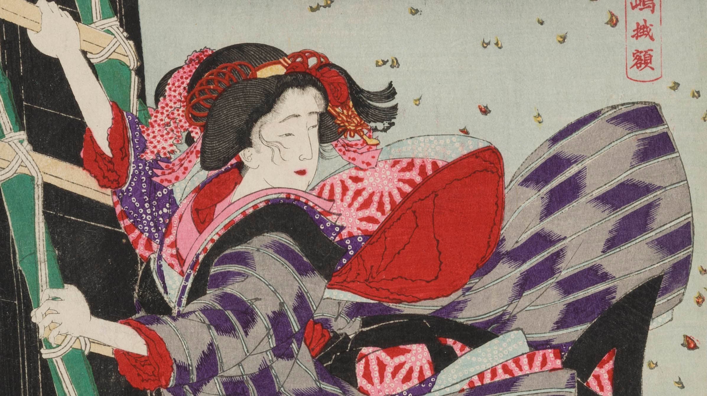 Japanese print crop if a woman in traditional dress climbing a ladder.