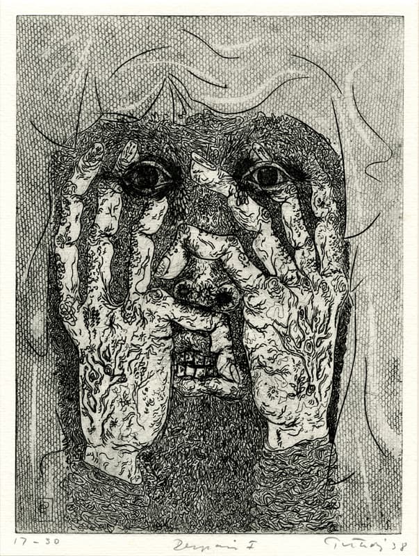 An etching of a person covering their face with their hands. Very stylized and grotesque.