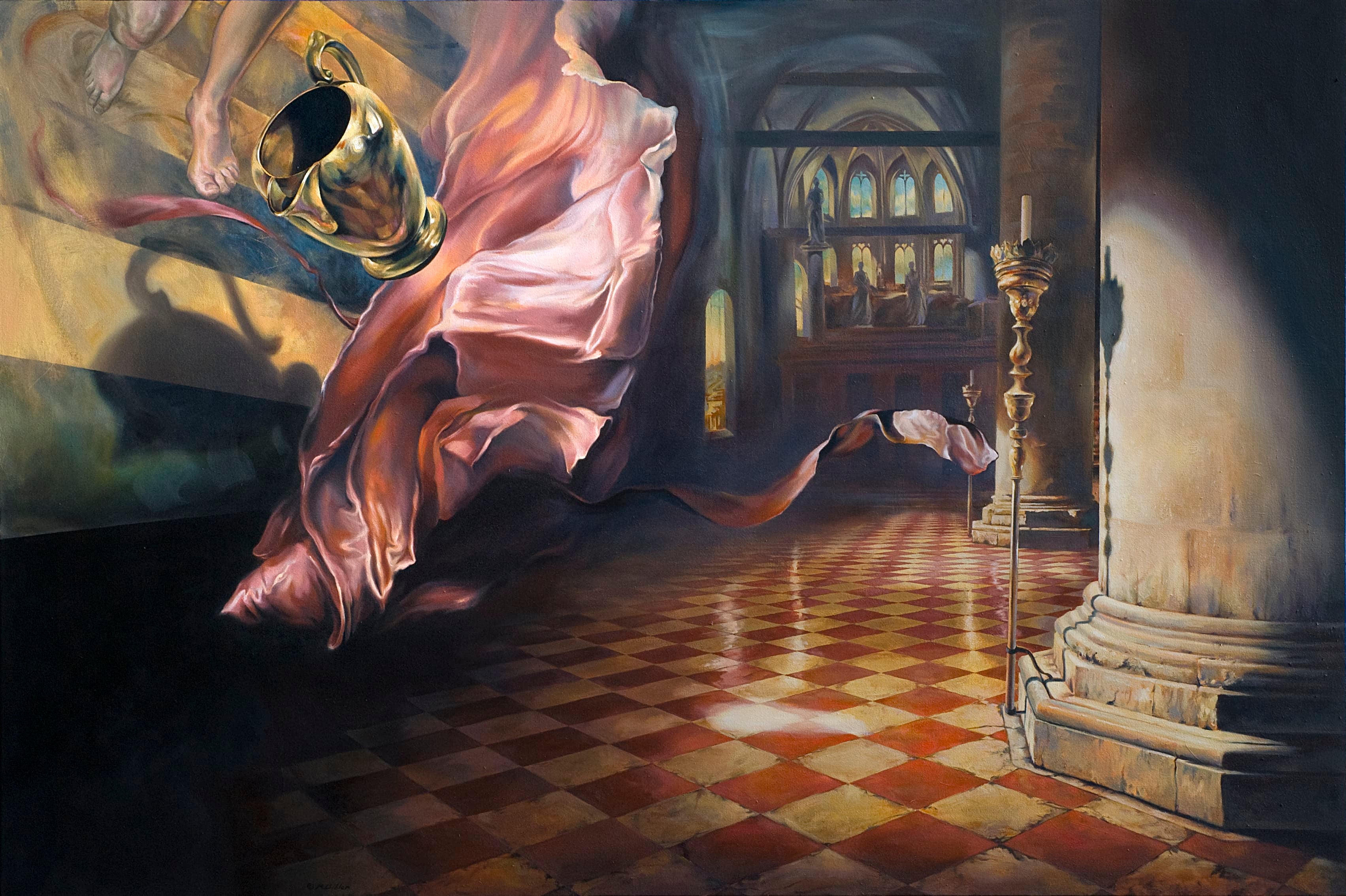 A surreal painting set inside a grand cathedral-like space with high vaulted ceilings and tall stone pillars. In the foreground, a flowing pink fabric or garment swirls dramatically, with a golden pitcher suspended in mid-air. The floor is a red and white checkerboard pattern, reflecting the soft, ethereal light from stained glass windows in the background. The composition is dynamic, with the flowing fabric leading the eye into the distant, shadowy interior, where religious statues and an altar can be seen