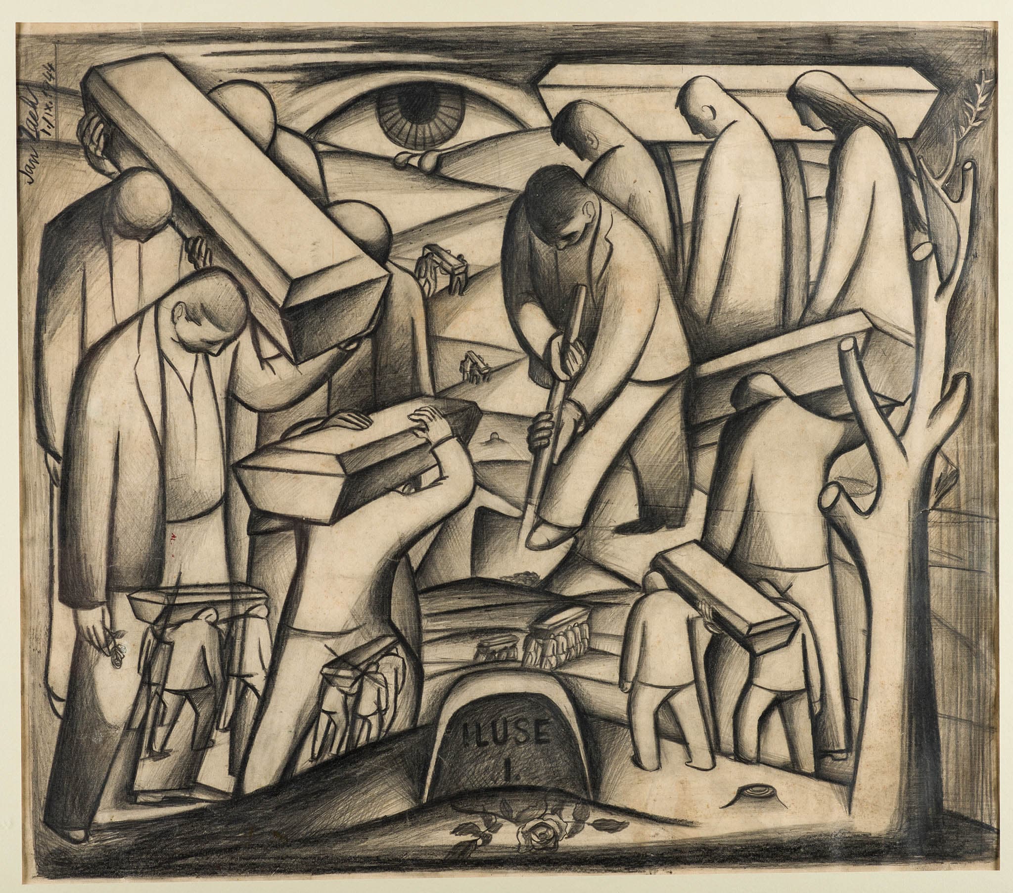 Etching of people digging graves, carrying coffins, and a gravestone in the center lower images