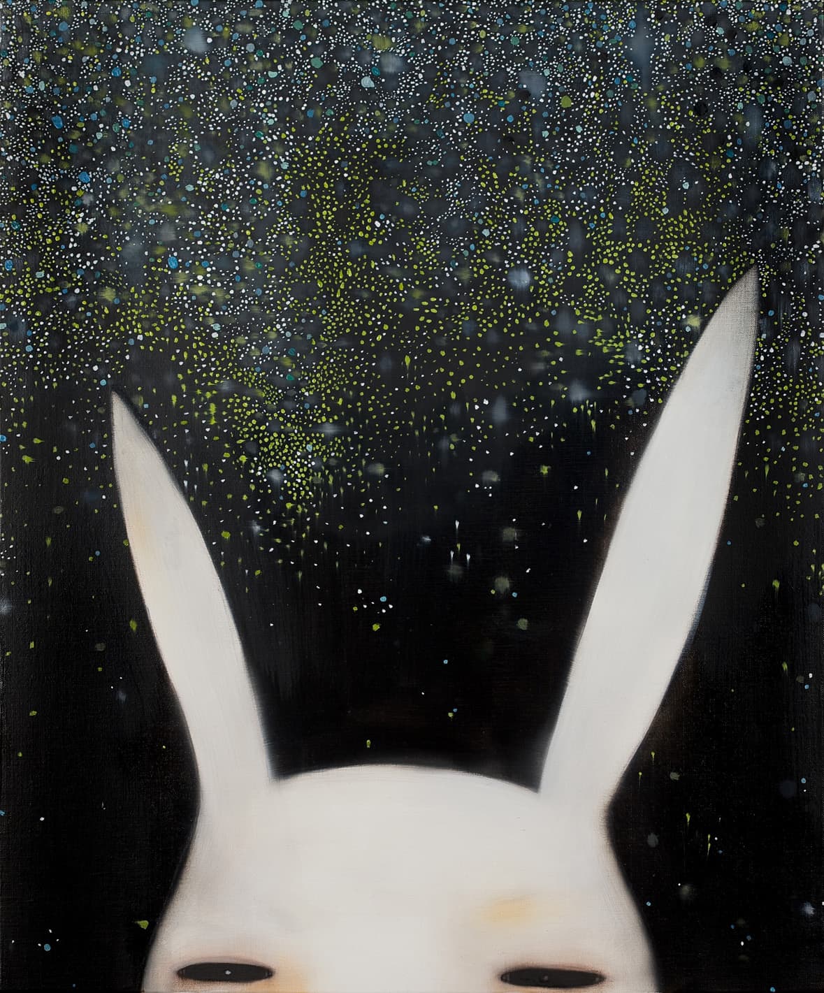 A drawing of a rabbit from the eyes up with white fur and a starry sky behind.